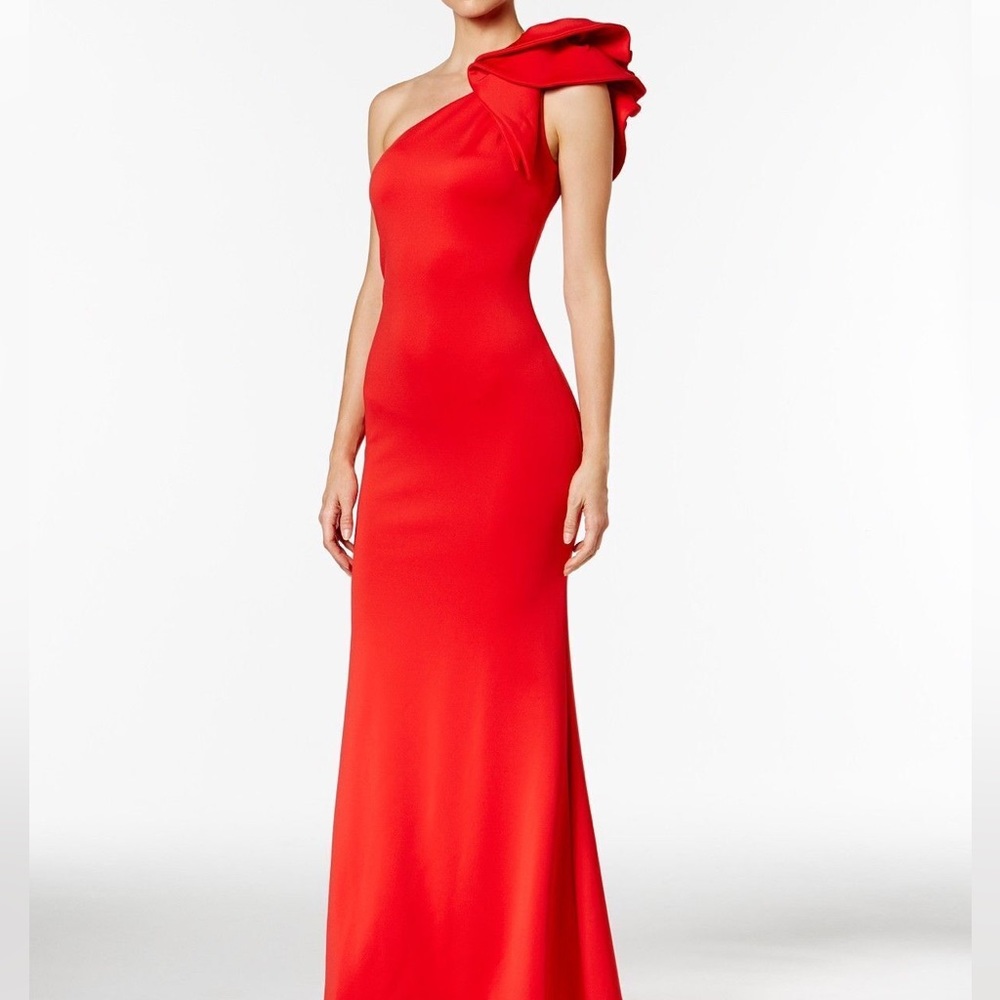 Betsy and Adam one shoulder red maxi evening gown